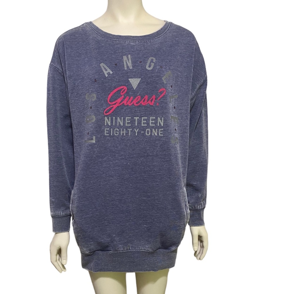 Guess Women's Blue Pullover Sweatshirt with Pink Logo